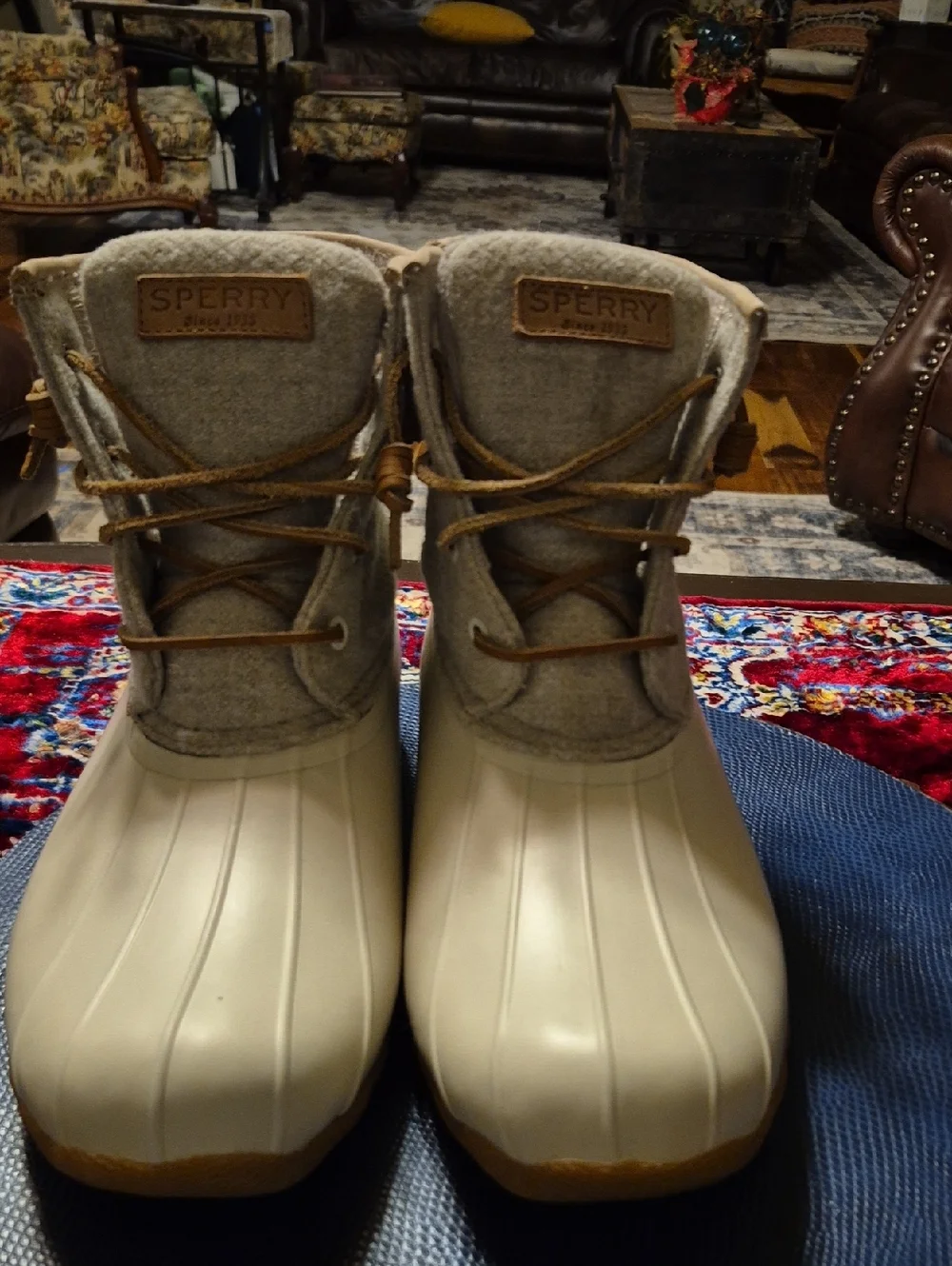 Sperry  Saltwater cream&gray Duck Boots. EC. 3M Thinsulate Womens Sz 10.(#2015S)